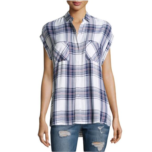 Rails Britt Plaid Button Up Shirt Women XS Cap Short Sleeve Blue White Western - Picture 3 of 13